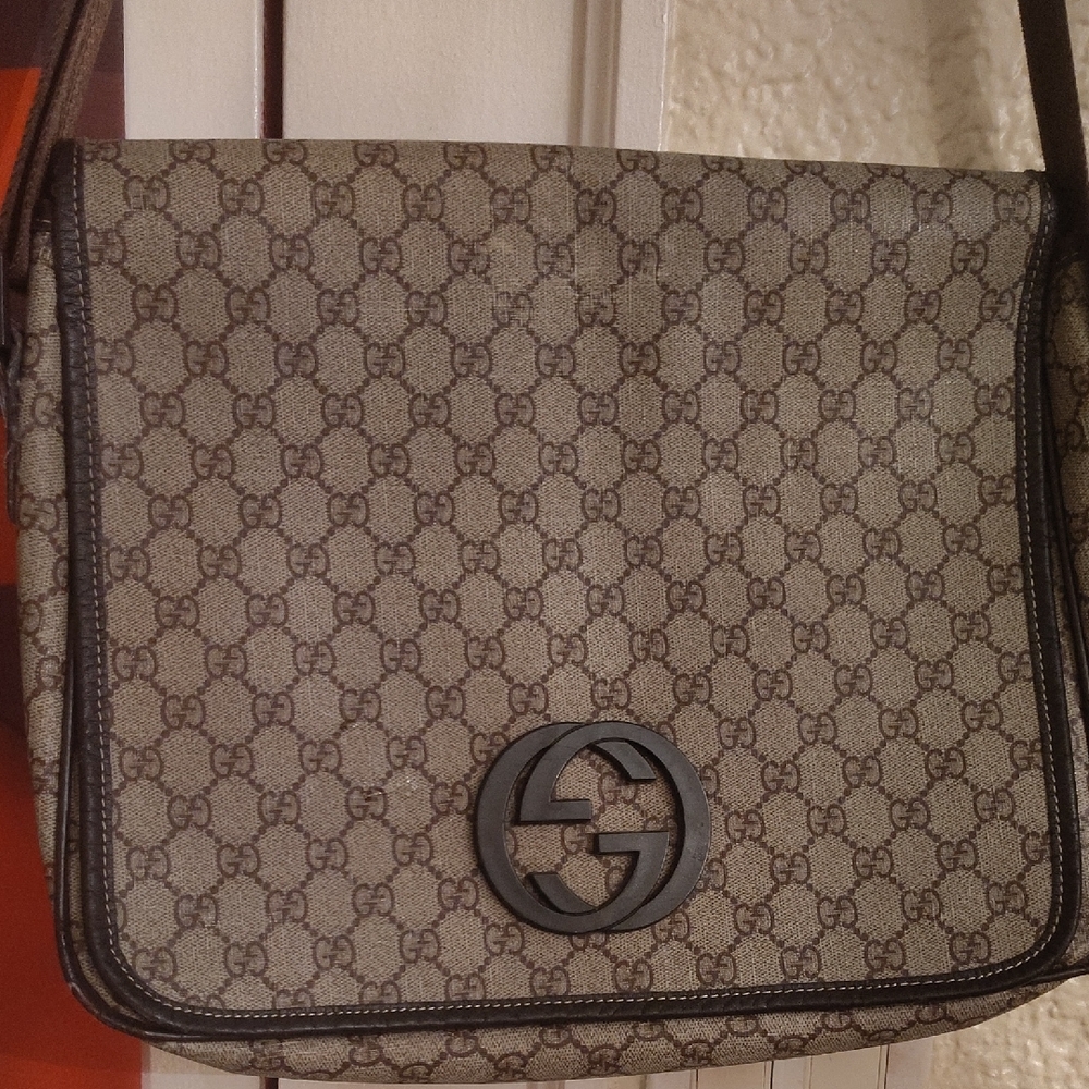 Authentic Unisex Gucci Tan and Brown Monogram Flap-over Crossbody Bag!